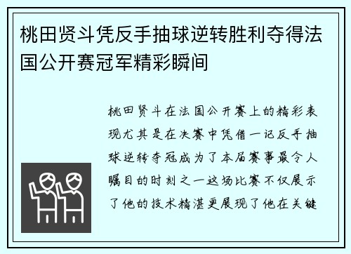 桃田贤斗凭反手抽球逆转胜利夺得法国公开赛冠军精彩瞬间